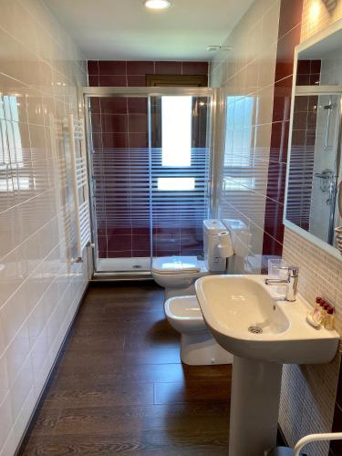 a bathroom with two toilets and a sink and a shower at Hotel La Cuna del Sella in Oseja de Sajambre