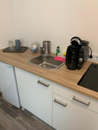 eine Küchentheke mit einer Spüle und einer Mikrowelle in der Unterkunft Süßes Zimmer im Souterrain in Frensdorf