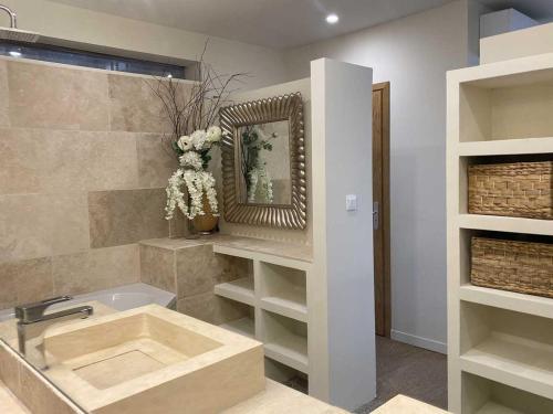 a bathroom with a sink and a mirror at La Remise Penthouse in Le Somail