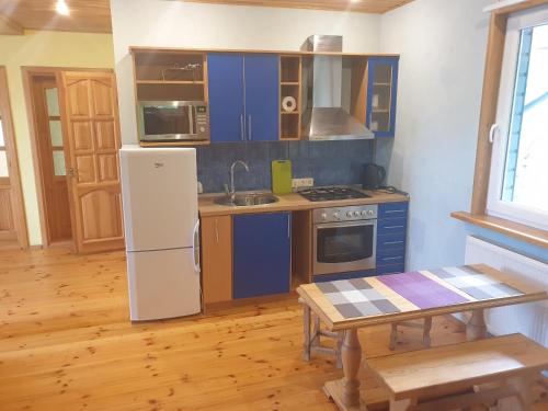 een keuken met blauwe kasten en een witte koelkast bij Cozy Home Two Bedroom apartments in Palanga