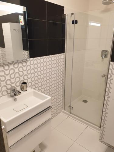 a bathroom with a sink and a shower at Apartament Wygodny 5 Mórz in Sianozety