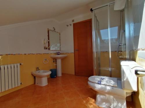 a bathroom with a toilet and a shower and a sink at Apartamentos Ay Sálvora in O Grove