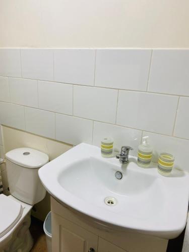 a bathroom with a white sink and a toilet at Cabañas Del Maule II in Talca