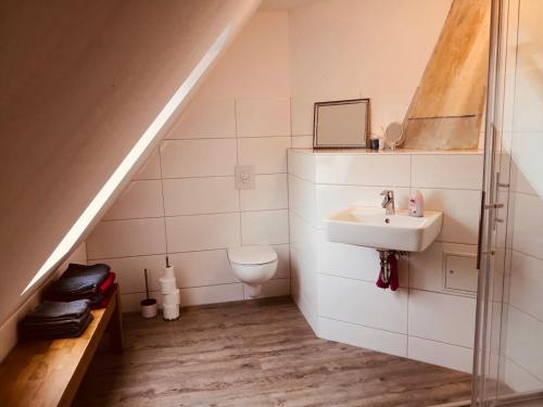 a bathroom with a sink and a toilet at Historisches Ambiente mitten im Zentrum in Eberswalde