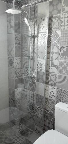 a bathroom with a shower and a toilet at Anamar Santorini in Monolithos