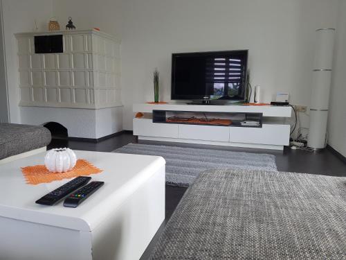 a living room filled with furniture and a tv at Green Hill Apartments - Feldkirch in Feldkirch