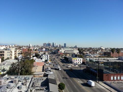 an aerial view of a city with buildings and cars at Hotel Koxie in Los Angeles