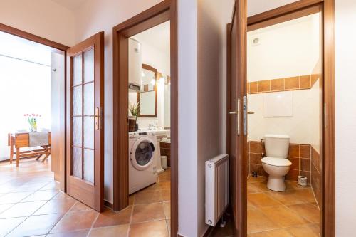 ein Badezimmer mit einem WC und einer Waschmaschine in der Unterkunft Apartmán Dream v Mikulově - Jiné ubytování Lednice in Mikulov