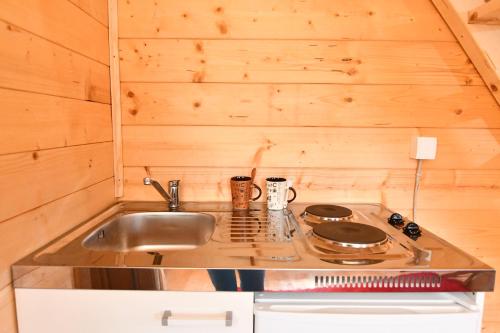 a tiny kitchen with a sink and a stove at Holiday House by The Lake in Plav