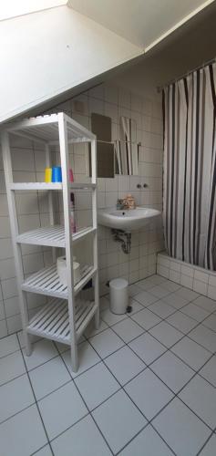a bathroom with a sink and a white shelf at Moderne Wohnungen im Dachgeschoss in Falkensee
