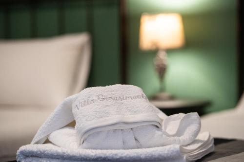 レフカダにあるVilla Gerasimoulaのホテルのベッドの上にタオルを積み重ねる