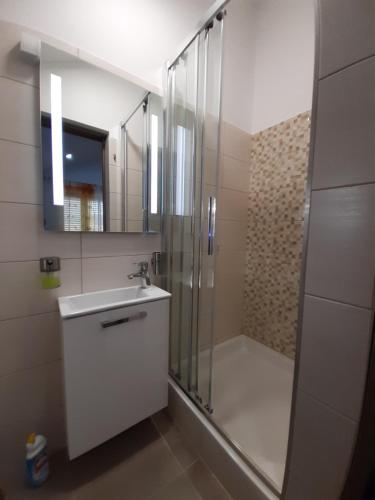 uma casa de banho com um chuveiro, um lavatório e um espelho. em Guesthouse Villa Marija em Cres