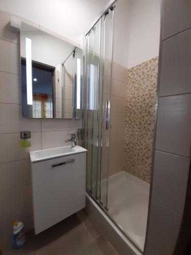 a bathroom with a shower and a sink and a mirror at Guesthouse Villa Marija in Cres