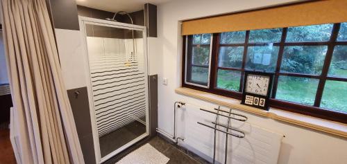 baño con ducha a ras de suelo junto a 2 ventanas en Art, Bed & Breakfast, en Velden