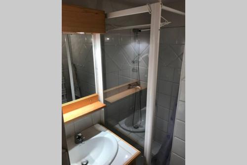 La salle de bains est pourvue d'un lavabo et d'une douche. dans l'établissement Charmant appartement 6-8 personnes au cœur du village à proximité lac et pistes de ski, à Morillon