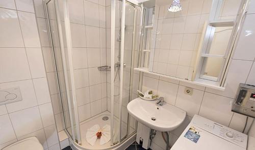Un baño con ducha, lavabo e inodoro. en Fewo Meeresrauschen, en Thiessow