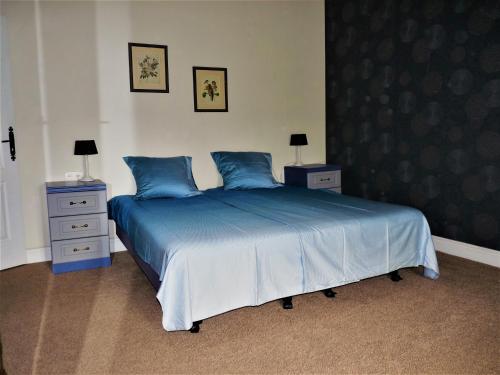 a bedroom with a blue bed and two night stands at Een prachtige Gîte in Frankrijk Chez Gerard in Vieilleville