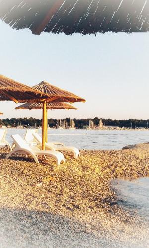 a group of chairs and umbrellas on a beach at Apartment Complex Jelena in Funtana