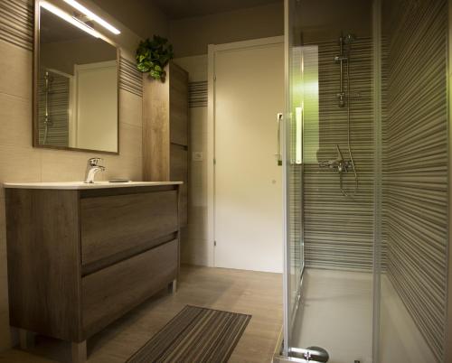 a bathroom with a sink and a shower at Appartamento Galet in Ledro