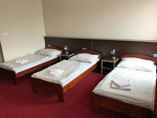 three beds in a room with red carpet at Aranytál Panzió in Komárom