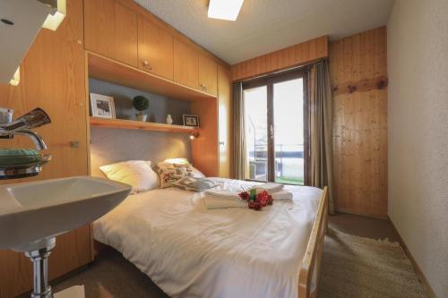 1 dormitorio con 1 cama con lavabo y ventana en Savoleyres Apartment, en La Tzoumaz
