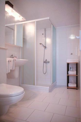 a white bathroom with a shower and a toilet at House Bilic in Baška Voda