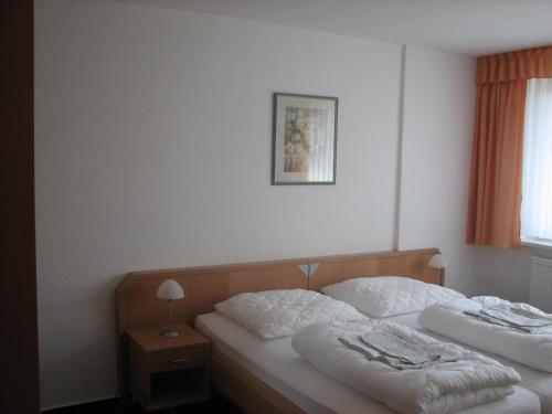 two twin beds in a room with a window at Apartmenthotel-Harz in Friedrichsbrunn