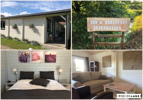 a collage of three pictures of a bedroom and a house at Bed & Breakfast Zevenhuizen in Zevenhuizen