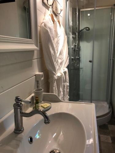 La salle de bains est pourvue d'un lavabo et d'une douche. dans l'établissement Bed & Breakfast Zevenhuizen, à Zevenhuizen