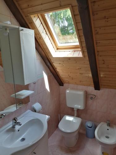 a bathroom with a toilet and a sink and a skylight at House Jezerka in Jezerce