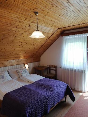 a bedroom with a bed and a wooden ceiling at House Jezerka in Jezerce