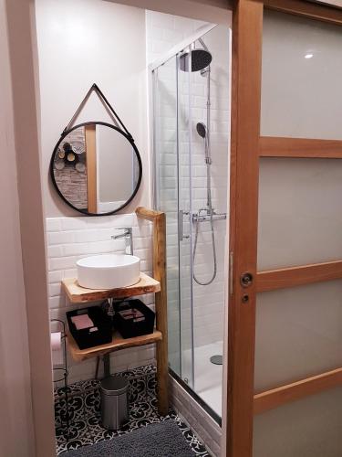 une salle de bain avec une douche, un lavabo et un miroir dans l'établissement SW Cosy Studio - Chambly Persan Roissy CDG, à Persan