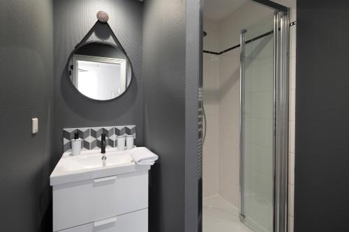 uma casa de banho com um lavatório, um espelho e um chuveiro em Carré Sainte-Anne - Appt en plein centre historique em Rennes