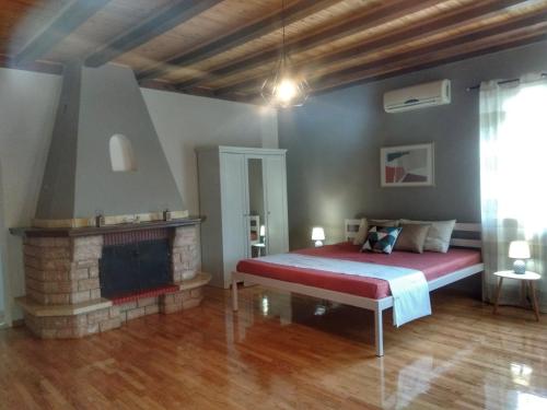 a bedroom with a bed and a fireplace at Grivas House in Vourvourou