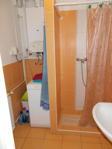een badkamer met een douche en een toilet bij Part Közeli Vendégház Zamárdi in Zamárdi