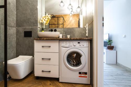 a bathroom with a washing machine and a sink at Apartament u Rudej in Tolkmicko