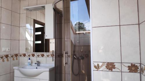 a bathroom with a sink and a shower with a mirror at Domek Leśna Przystań in Strękowizna