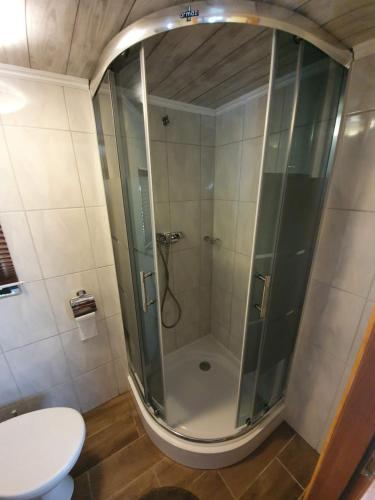 a shower with a glass door in a bathroom at U Jędrusia in Polańczyk