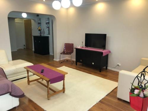 a living room with a couch and a tv at Apartament Faleza Nord 3 in Constanţa