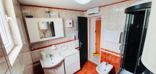 a bathroom with a sink and a mirror and a shower at Holiday House Carpe Diem Pula in Pula