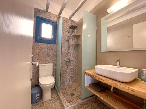 ein Badezimmer mit Waschbecken und Toilette in der Unterkunft Michail Suites Afiartis Karpathos in Karpathos