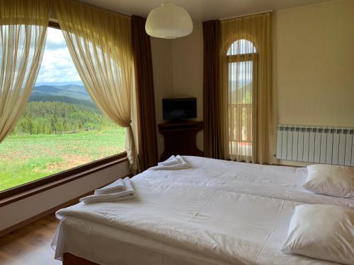 a bedroom with a large bed and a large window at Вили Чала in Chala