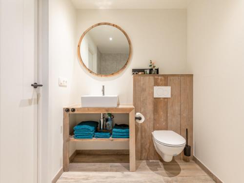uma casa de banho com um WC e um espelho. em Bed en Vrijheid em Peer