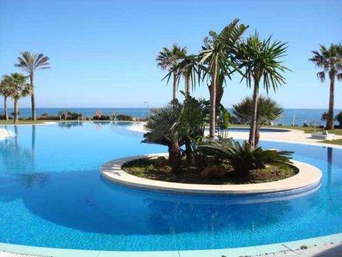 a large swimming pool with palm trees and the ocean at Mi Capricho in Sitio de Calahonda