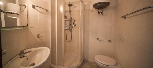 y baño con ducha, lavabo y aseo. en Il Corallo E La Quercia Apartment, en Villanova Monteleone