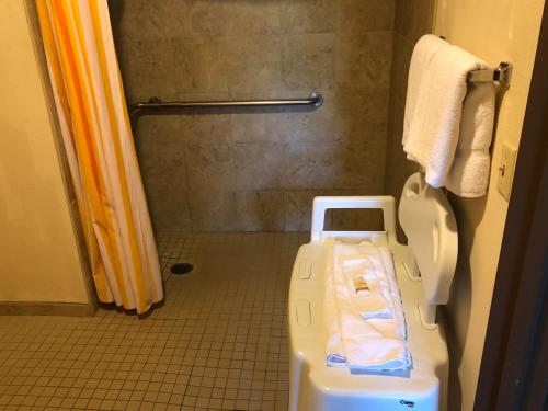 a bathroom with a toilet and a shower at La Quinta by Wyndham Plattsburgh in Plattsburgh
