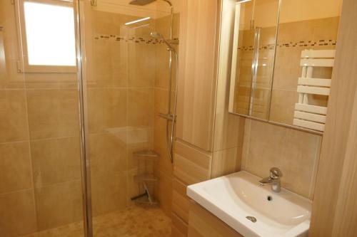 ein Bad mit einer Dusche und einem Waschbecken in der Unterkunft Chez Marielle in LʼIsle-sur-la-Sorgue