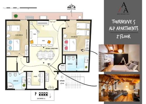 una pianta e uno schema di un appartamento di Alp Apartments - Tourneuve5 ad Aosta