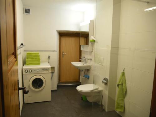 a bathroom with a toilet and a sink and a washing machine at Chasa Marugg - Ferienwohnung für 4-5 Personen, 70m2 in Scuol