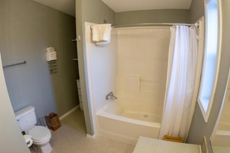 uma casa de banho com uma banheira, um WC e um chuveiro em Denali Tri-Valley Cabins em Healy